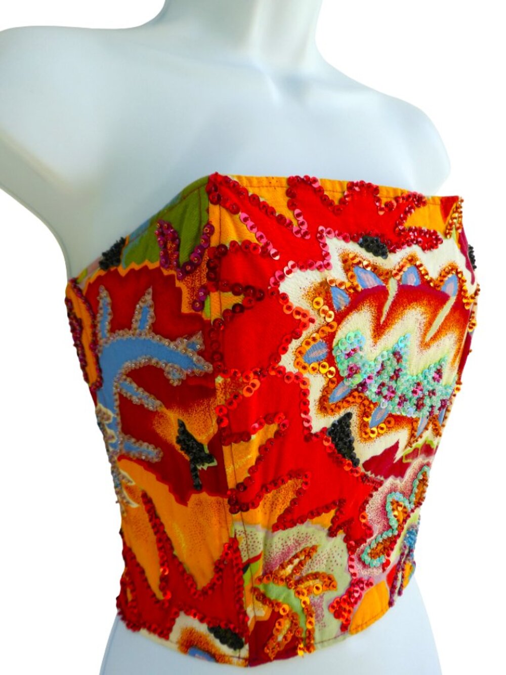 Vintage 90s Naga Milo Corset Vibrant Beads Sequin Boning Bustier Smocked Hook L